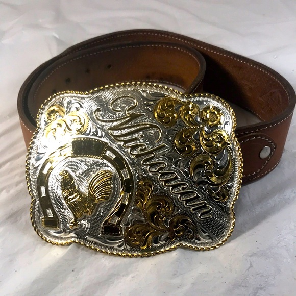 Michoacán Laser Cut Silver & Gold Western Cowboy  Rodeo Horseshoes Buckle & Belt - Picture 1 of 6